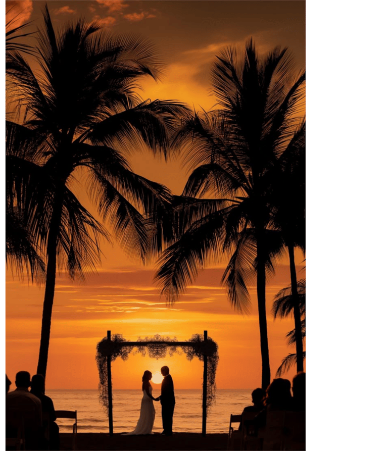 Silhouette of a bride and groom at a tropical beach wedding ceremony during a vibrant orange sunset.