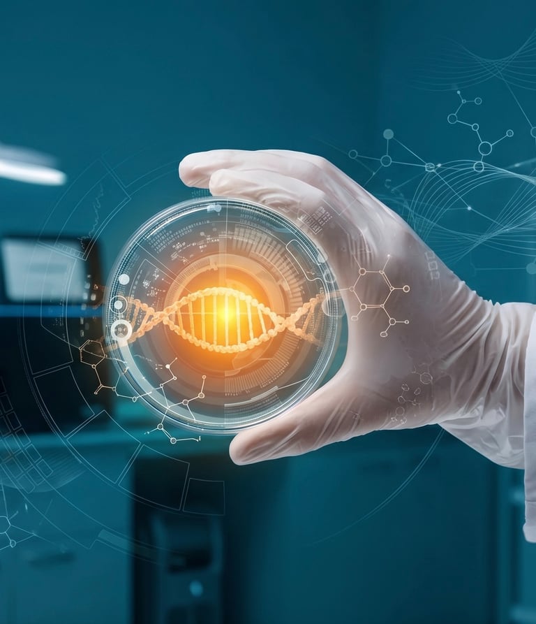 Scientist in gloves holding a petri dish with a glowing DNA helix and digital genetic research overlays.