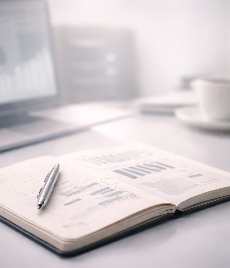 Carnet ouvert avec graphiques et stylo, ordinateur en arrière-plan — pilotage quotidien des KPI (ADR, OCC, RevPAR).