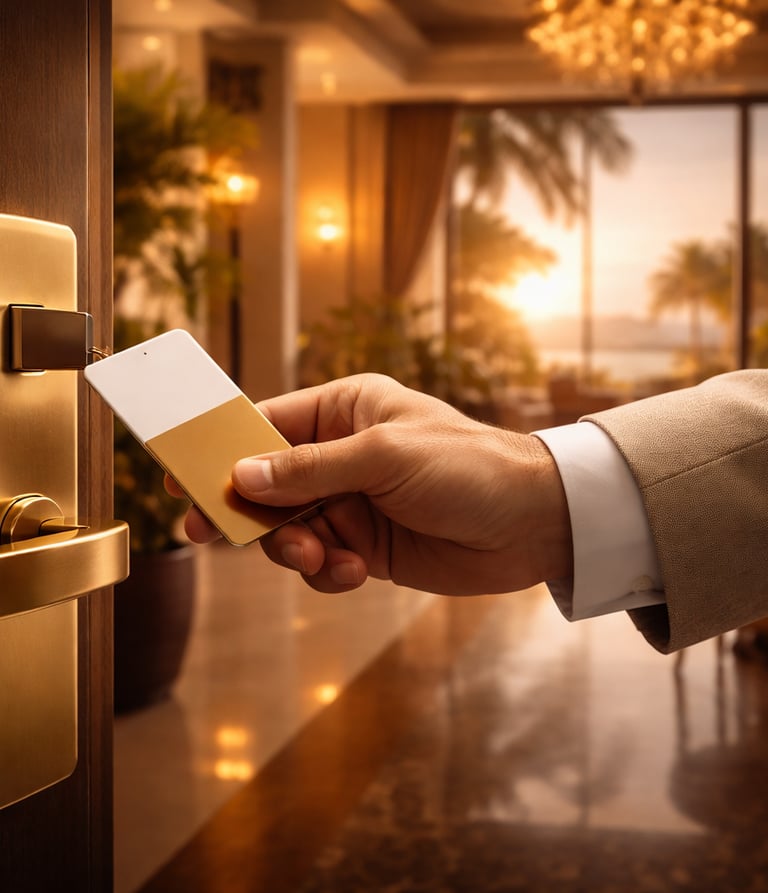 Main utilisant une carte-clé sur une serrure en laiton dans un hôtel de luxe, ambiance chaleureuse et vue tropicale