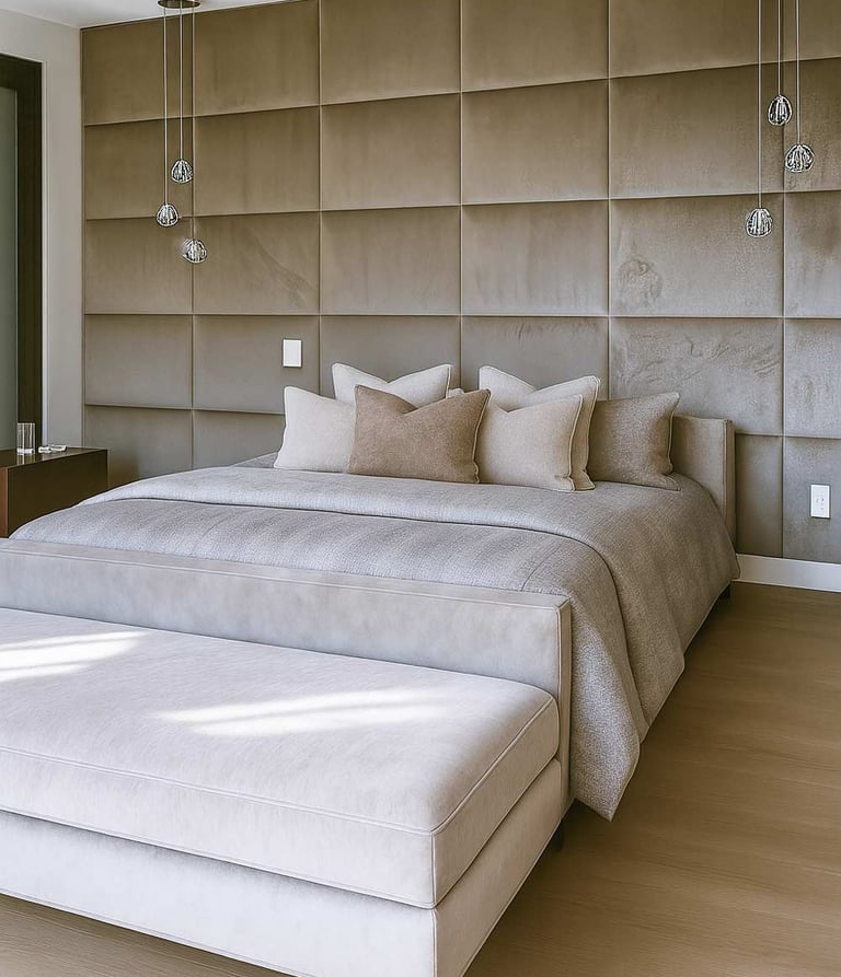 Modern bedroom with full-wall panels and a bench at the foot of a California king bed by Solo Home Decor