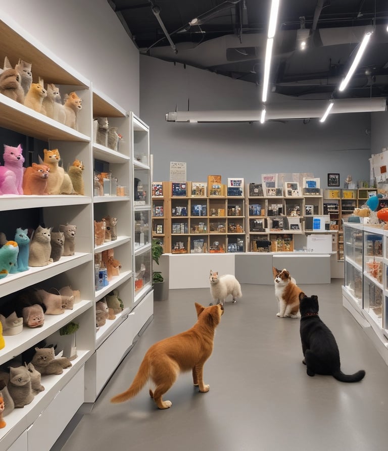 Two tabby cats with distinct patterns sit in the foreground, wearing collars, while a shop filled with pet supplies serves as the backdrop. Various bags and containers are visible, along with price tags and colorful packaging.