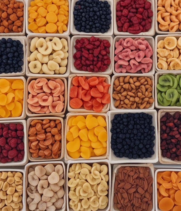 A colorful assortment of dried fruits and snacks is displayed on a market stall. There are trays filled with vibrant green kiwi slices, bright red cherries, and other assorted dried fruits in various shades of red, orange, and brown. Alongside the trays are some electronic scales, suggesting this is a place where items are sold by weight. The setup is neatly arranged, and the fruits have a glossy appearance.