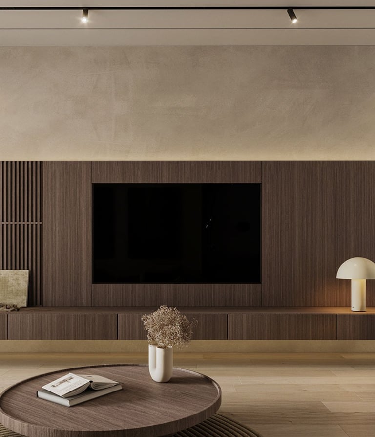 ERGOVENT LINEO PRO PUZZLE installed in luxury living room ceiling showing seamless invisible slot diffuser above fireplace