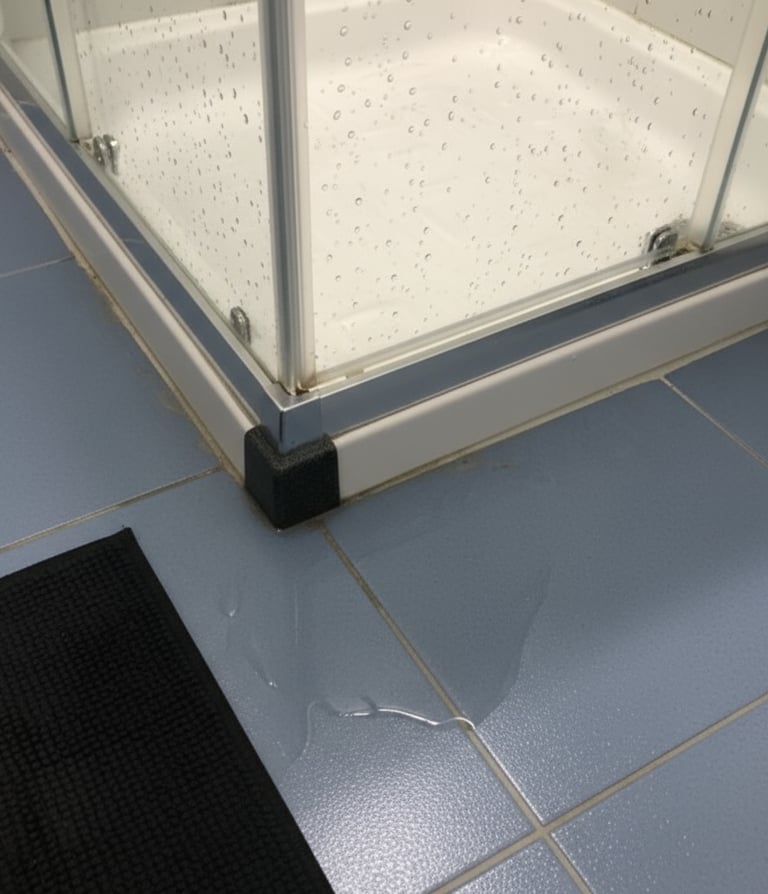 Leaking acrylic shower with water pooling on the bathroom floor – clear sign of a shower leak in an