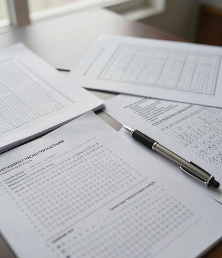 Wide overhead shot of forensic evaluation notes, standardized psychological test protocols, and a pen resting on a scored response sheet, diffused north-facing window light, muted documentary palette