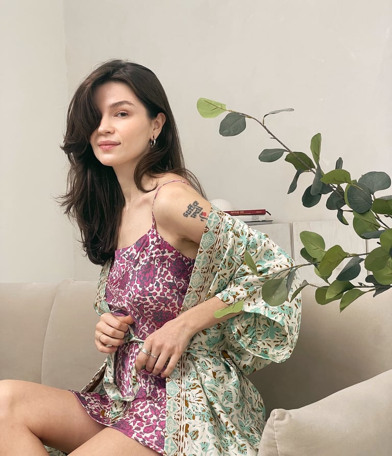 PURPLE GREEN FLORAL SILK KIMONO FOR WOMEN