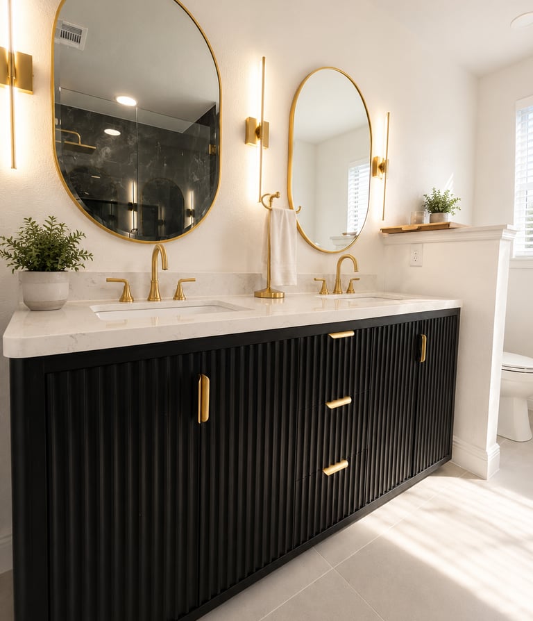 Modern bathroom with a black fluted double vanity, gold fixtures, and oval mirrors on a marble countertop.