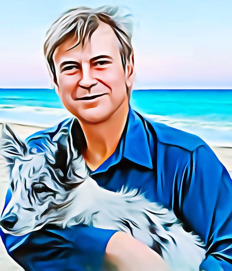 a woman sitting on a beach with a dog