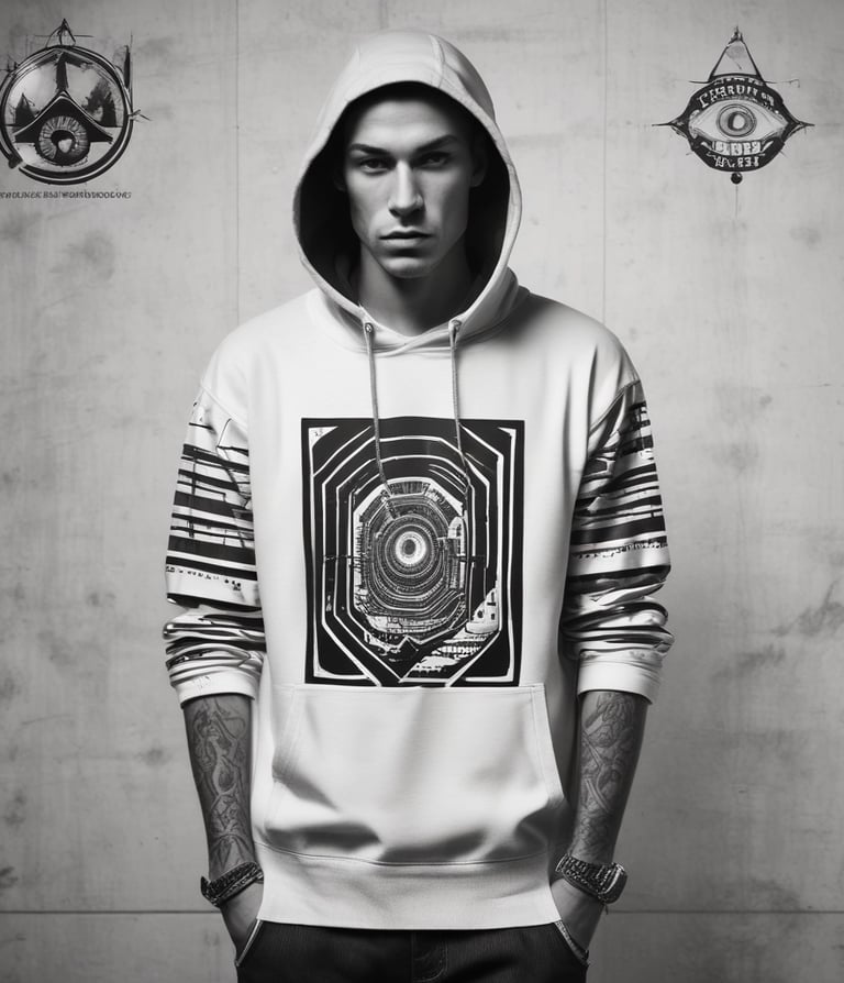 A vibrant photo of a person wearing urban techno clothing with neon lights in the background