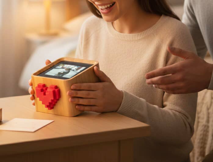 Woman smiling while holding a wooden digital photo display with a pixel heart design