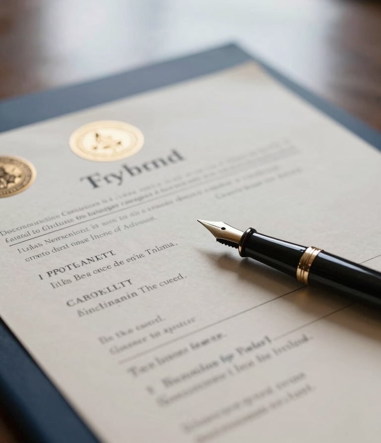 Close-up of official legal documents with refined typography, elegant seals, vintage fountain pen on heavy paper, soft diffused window light, deep navy shadows