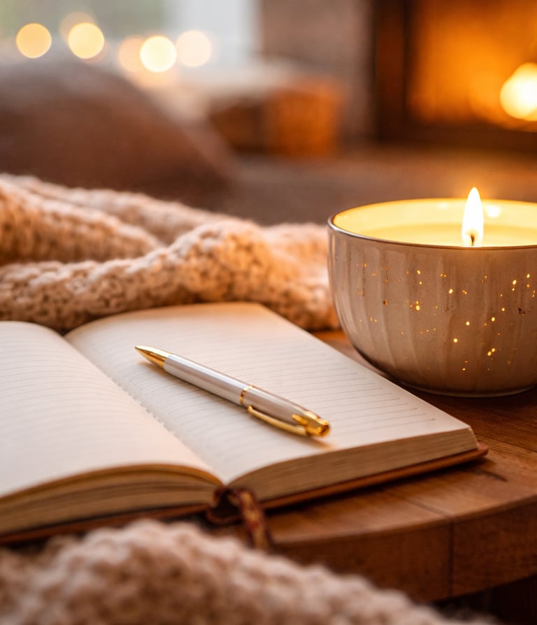 Cozy evening with candle and journal