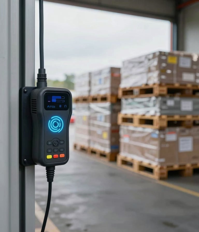 Close environmental shot of an RFID reader mounted on a warehouse doorframe actively scanning tagged pallets passing through, overcast daylight from a loading bay behind, sharp hardware detail in foreground with the warehouse aisle receding in the background, no people visible — only systems at work