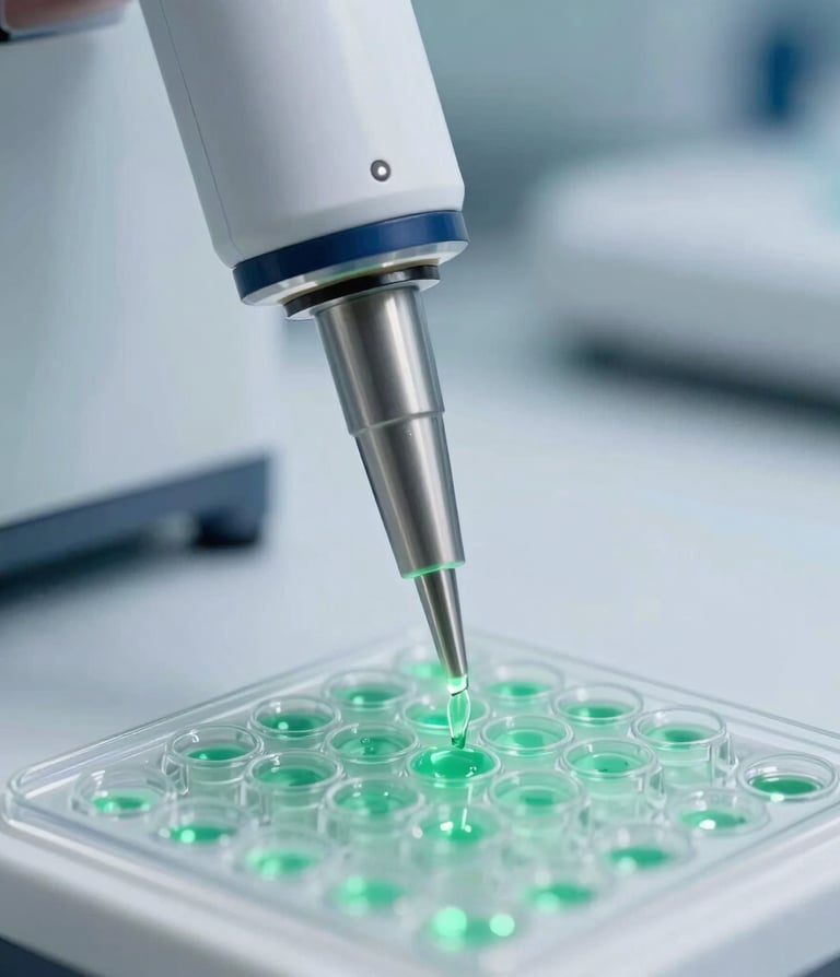 Macro close-up of an automated liquid handling pipette tip dispensing fluid into a microplate, cool clinical white light with subtle emerald-green glow.
