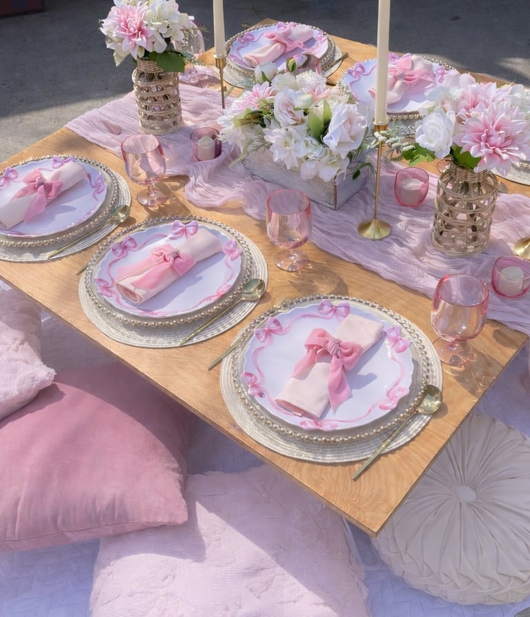 Gathered Grace Picnic Co pink coquette bow styled luxury picnic table with elegant soft pink decor