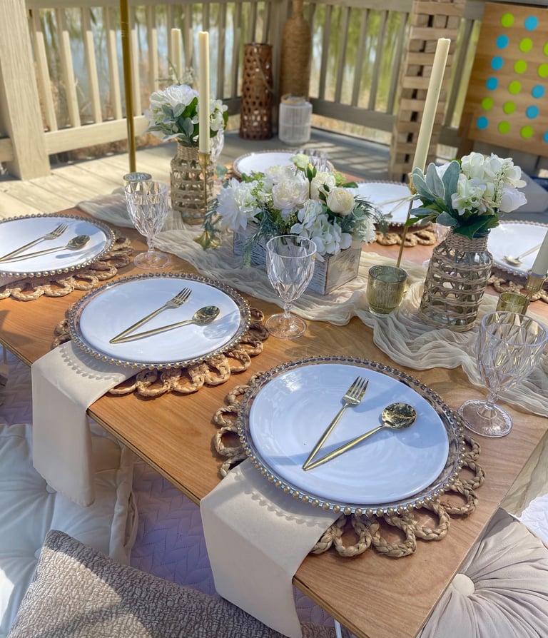 Neutral soft elegant luxury picnic with styled florals, games, special celebrations in North Georgia