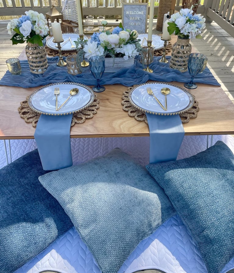 Layered blue Gathered Grace Picnic Co luxury party setup for special occasions, dates, celebrations