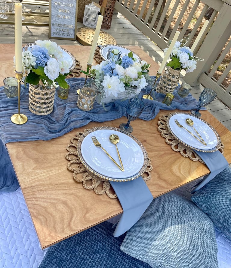 Outdoor elevated picnic in soft blue tones with elegant table styling Monroe, GA occasions & events