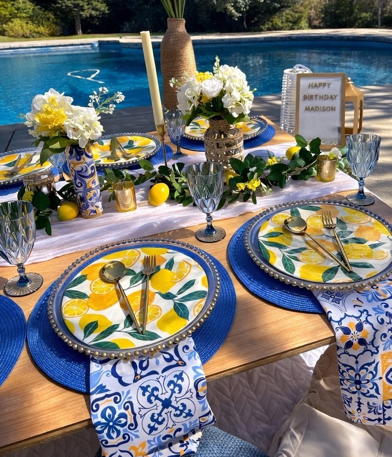 Amalfi Lemon blue white and yellow party theme picnic Gathered Grace Picnic Co Winder, GA events