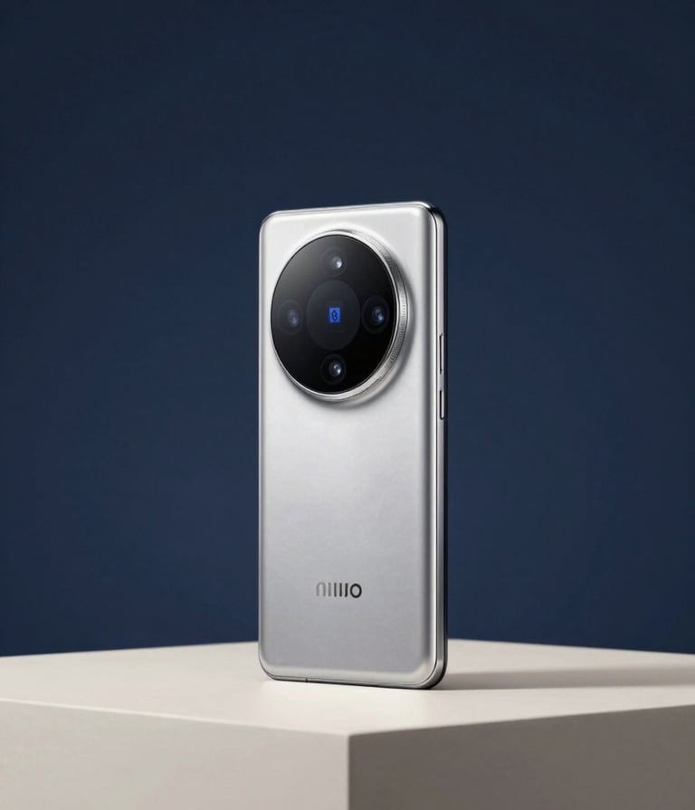 A cinematic still from a high-budget brand commercial. A sleek, silver high-tech device is presented on a pedestal, illuminated by soft off-white lighting against a deep slate blue background. The shot is clean, sophisticated, and perfectly sharp.