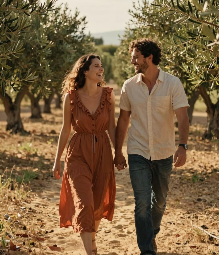 Candid lifestyle photography of a couple laughing and walking together in a sun-drenched olive grove in Southern Italy. The lighting is golden hour, warm and cinematic, emphasizing genuine connection and soft sand and terracotta tones in their clothing.