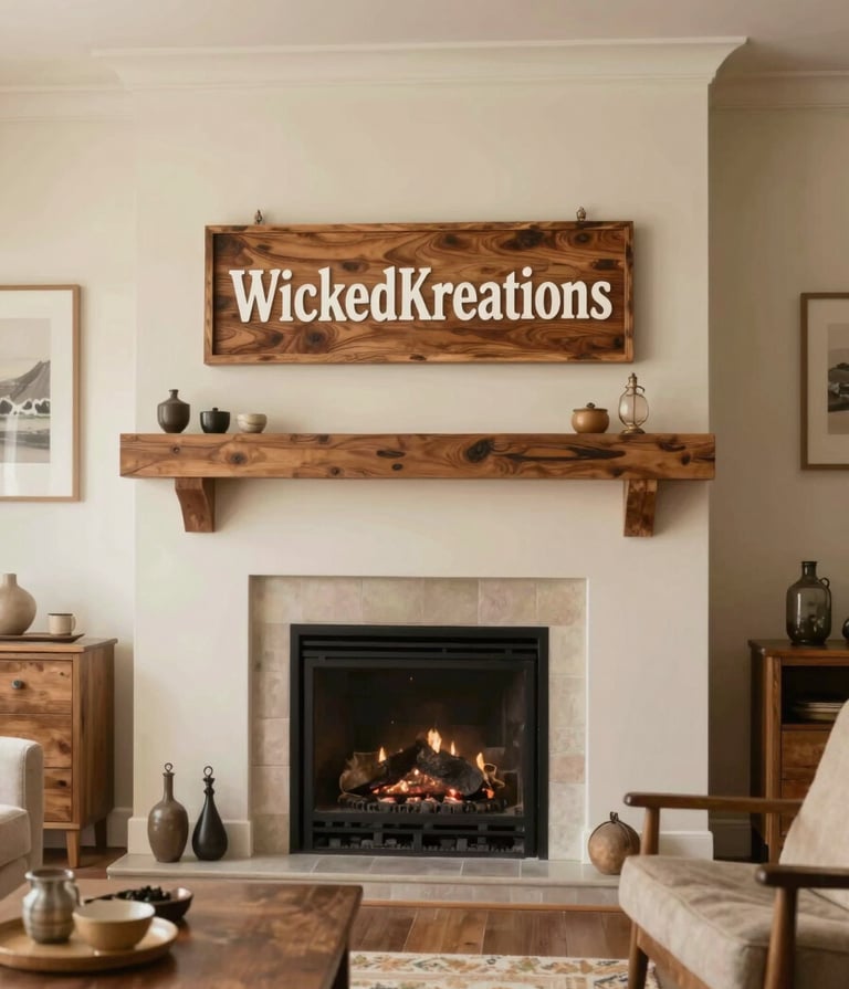 A wide lifestyle shot of a modern, rustic living room featuring a custom WickedKreations wood sign hanging above a fireplace. The sign has a clean, polished look with #4A3D36 accents that contrast beautifully against the #F8F3ED wall.