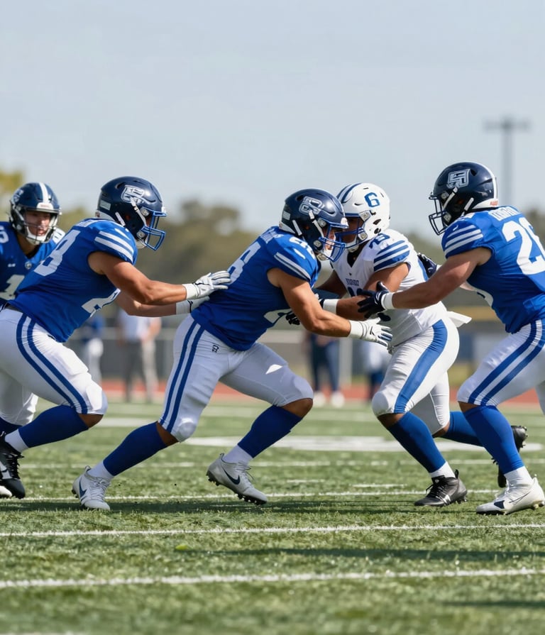 A wide action shot from the sideline of a running back hitting a gap in the defensive line. The photo captures the speed and momentum of the player. The scene is bright, with vibrant turf and a clear sky, echoing the #ECF2F8 and #8FAEC0 palette in the uniforms and gear.