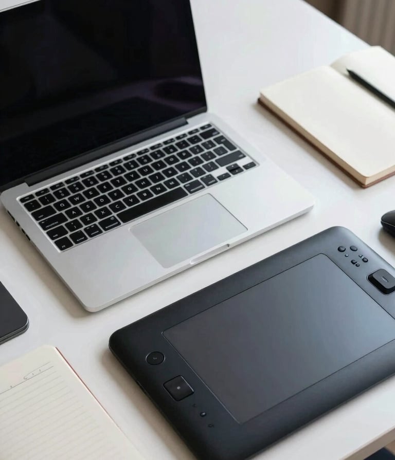 A high-angle, professional photograph of a tidy designer's workspace featuring an open laptop, a graphics tablet, and a notebook. The color palette is composed of off-white and medium gray-blue, reflecting a tech-savvy Global / Digital Professional's desk.