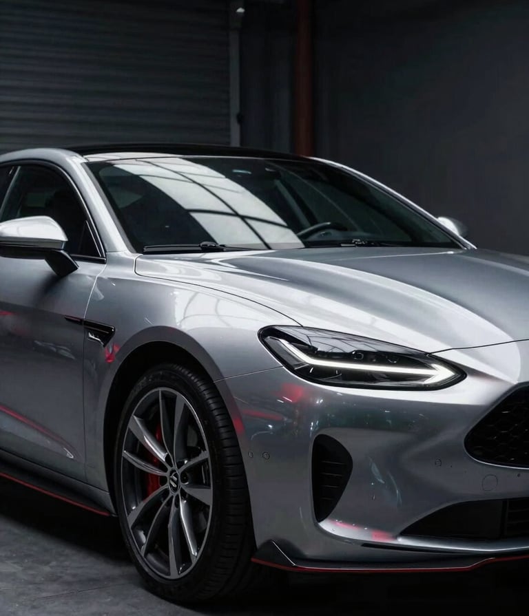 Cinematic portrait of a sleek luxury car parked in a dark warehouse. Only the contours are visible, highlighted by thin streaks of cloud white light and subtle venetian red reflections on the metallic body.