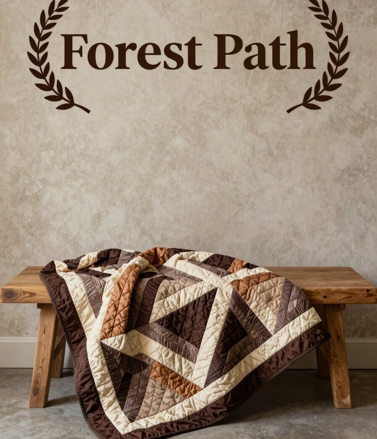 A wide-angle professional photograph of a premium quilt titled Forest Path. The quilt features sophisticated geometric patterns in deep espresso, warm taupe, and soft sand. It is draped over a handcrafted oak bench against a neutral antique parchment wall, illuminated by soft, natural side-lighting.