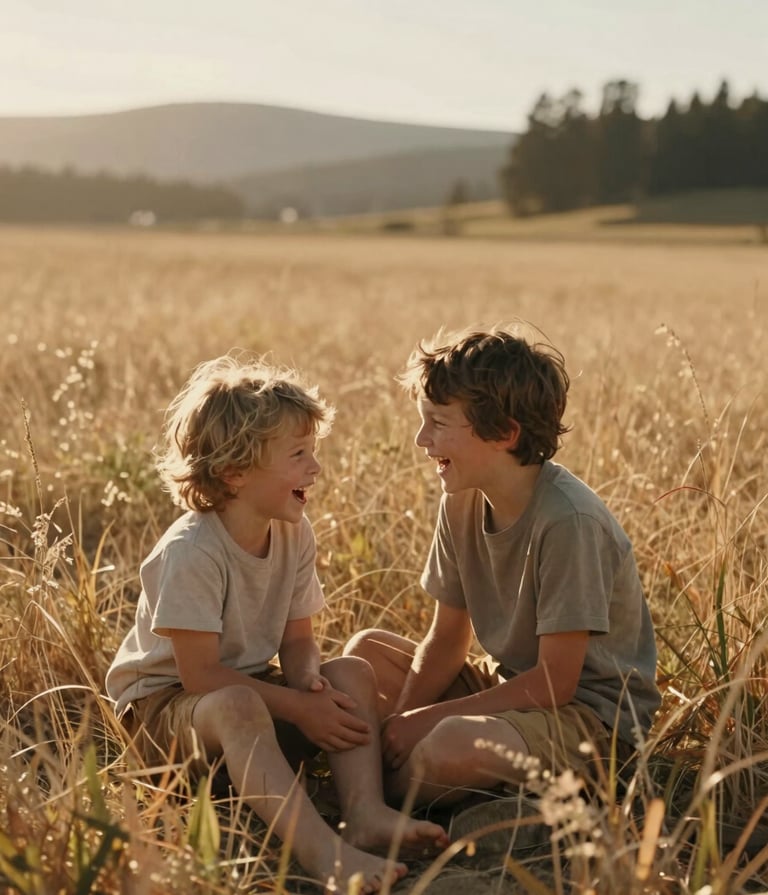 Cinematic outdoor photography of a family with two children laughing together in a sun-drenched meadow in Oregon, North American / US. The lighting is warm and golden hour, featuring soft sand and terracotta tones. Candid interaction, natural textures, authentic emotions.