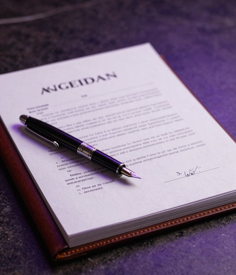 A detailed photograph of a thick legal agreement bound in leather with a fountain pen resting on top, set on a dark marble surface, soft deep purple ambient light, professional North American business aesthetic.