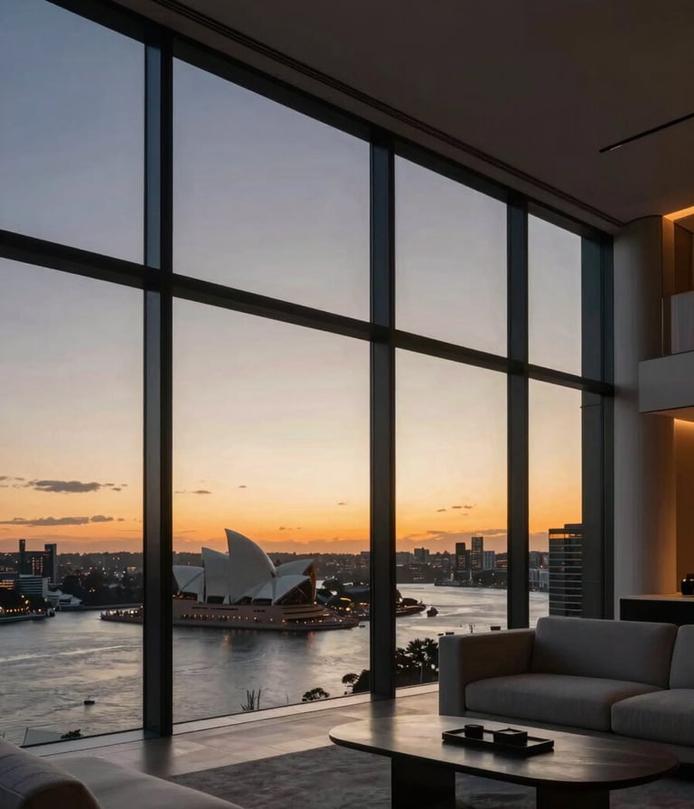 Architectural photography of a luxury Sydney penthouse interior at dusk, floor-to-ceiling windows reflecting the orange glow of the sunset over the harbour, minimalist grey furniture, cinematic soft lighting, professional and exclusive atmosphere.