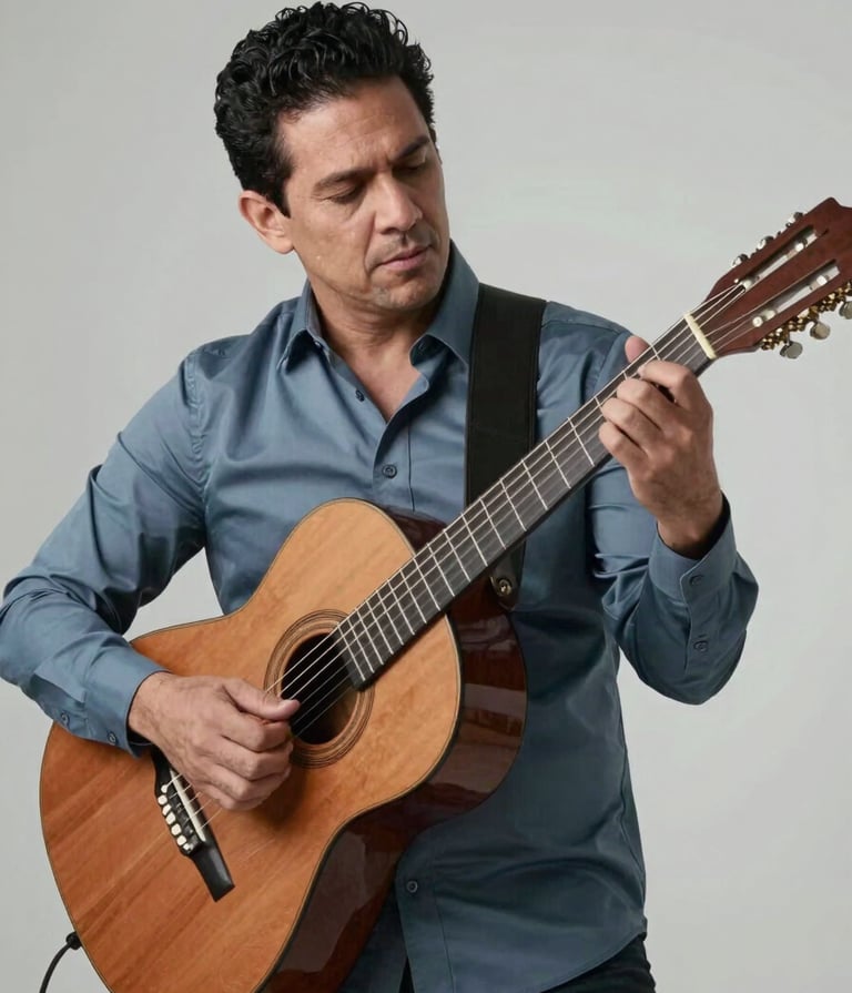 A professional portrait of Carlos Alberto Gonzalez, a male musician, playing a wooden acoustic guitar in a minimalist studio. He is dressed in a sophisticated muted slate blue shirt. The background is a misty soft white. The lighting is soft and cinematic. Setting is a modern Latin American recording studio.