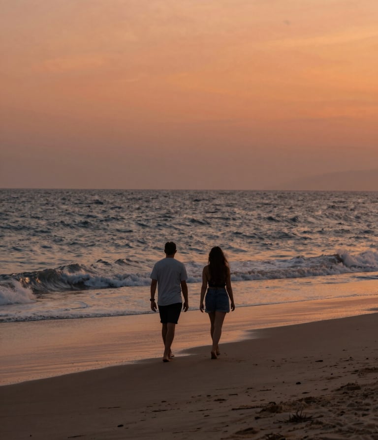 A cinematic wide-angle photograph of a couple walking along a soft sand beach at sunset. The sky is a warm terracotta orange and the waves have a soft charcoal blue tint. The lighting is sun-drenched and hazy, reflecting an authentic lifestyle photography style.