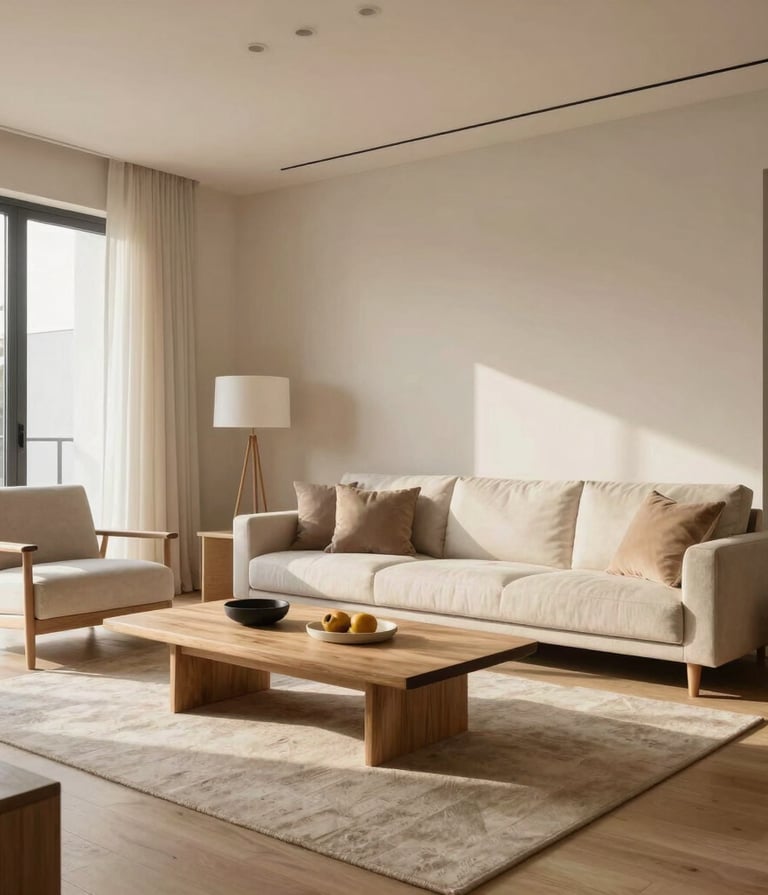 High-end interior photography of a minimalist Japandi-style living room in a North American home. Features low-profile furniture in light wood and stone, captured with a warm and inviting natural light.