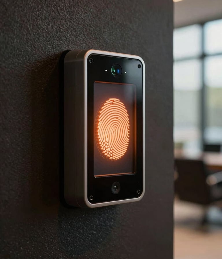 A high-tech biometric fingerprint scanner mounted on a textured dark wall in a modern South American / Brazilian corporate lobby. The scanner glows with a soft orange light, captured with cinematic shallow depth of field, warm natural lighting from a nearby window.