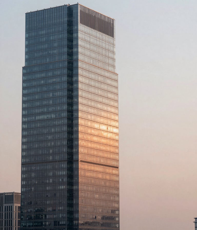 A high-angle architectural photograph of a modern International / Western financial district building at sunset. The clean glass and steel lines reflect a soft off-white and warm sunset terracotta glow. Minimalist composition with a sense of immense scale and clarity.