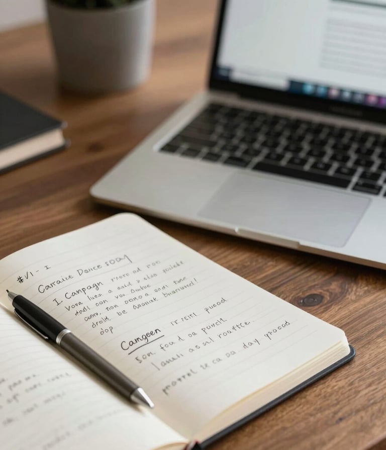 Spontaneous photograph of a creative director’s desk. An open notebook with handwritten campaign taglines, a sleek pen, and a laptop showing a layout. The lighting is natural and cinematic. Colors: #3A3F3B, #F8F6F2 and accents of #C1C4BF.