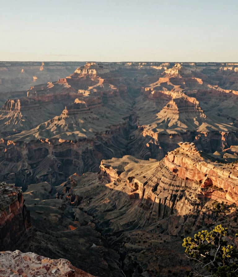 A breathtaking wide-angle landscape of a North American / US canyon at dawn. The light is a Soft Off-white glow hitting the Charcoal Gray rock faces. A serene and professional travel photograph with Warm Olive tones in the vegetation.