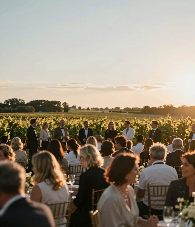 A cinematic wide shot of a luxury event in a Bordeaux vineyard. Soft sunset lighting, warm golden tones against a #ECF0F1 sky. Elegant guests in soft focus, creating a sophisticated and immersive atmosphere.