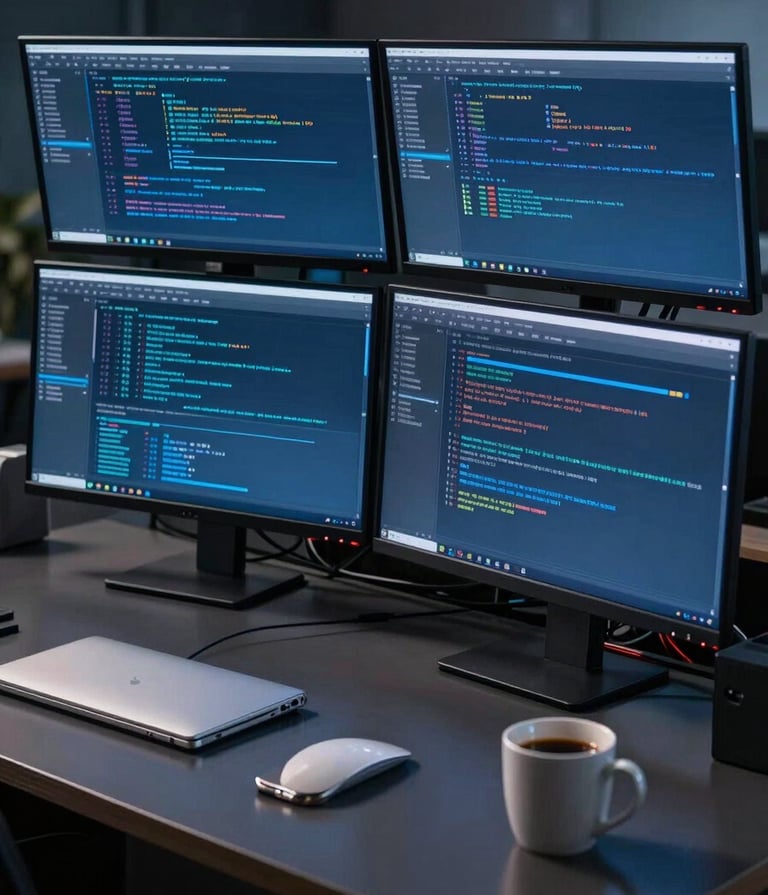 A professional cybersecurity workstation with triple monitors in a dimly lit room. The screens display complex terminal windows and security logs in steel blue. The desk is a clean dark slate, with a silver grey notebook and a coffee mug, reflecting a serious and focused atmosphere.