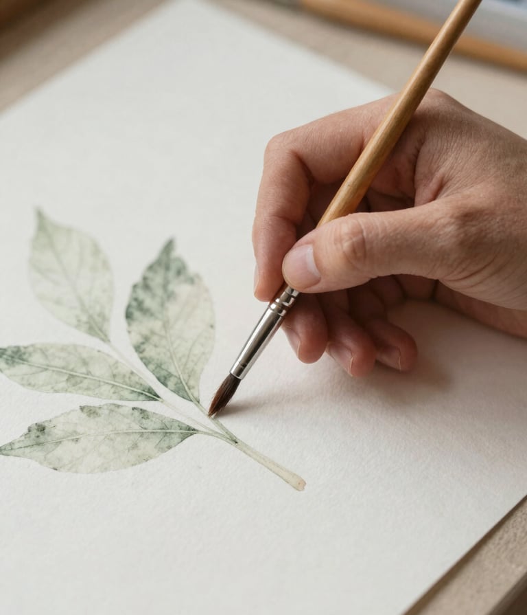 A serene, close-up photograph of an artist's hand holding a wooden paintbrush, resting on a thick sheet of soft off-white watercolor paper. A delicate botanical illustration of a leaf in muted sage green is partially visible. The lighting is soft, natural, and diffused.