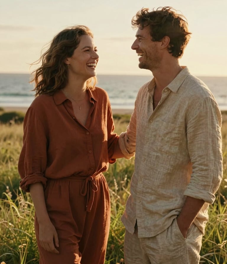 A candid, cinematic photograph of a couple laughing together in a sun-drenched meadow near the ocean. The lighting is warm golden hour, with soft flares. The couple wears terracotta and soft sand colored linen clothing, fitting a coastal European aesthetic.