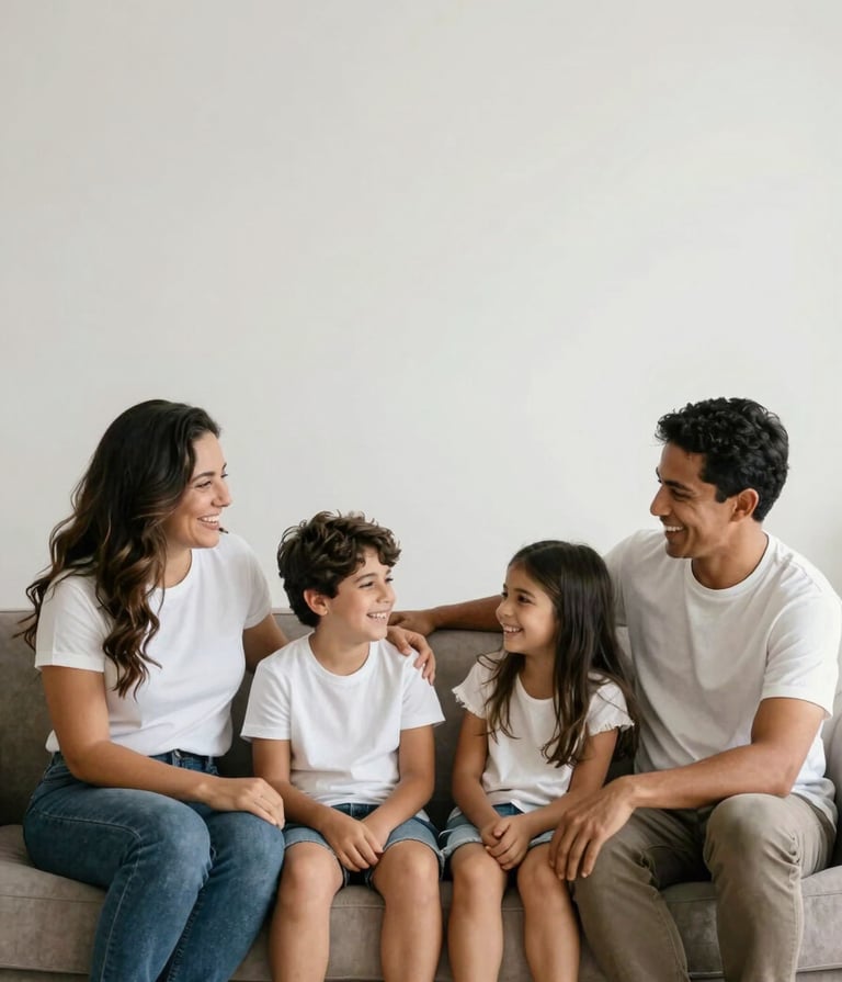 A high-end, minimalist family portrait in a bright studio with pearl white walls. A South American / Brazilian family is laughing together, sitting on a muted taupe sofa. The lighting is soft and natural, emphasizing textures and genuine emotions. Professional photography style.