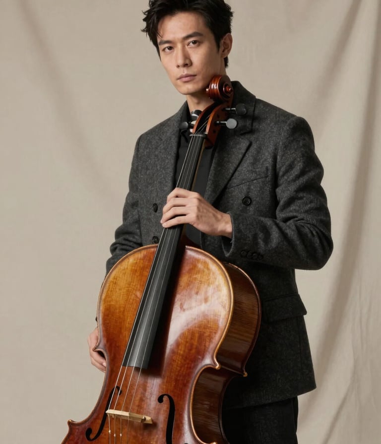 A sophisticated portrait of a musician in a charcoal coat holding a cello, shot against a soft off-white backdrop with soft, diffused lighting and deep taupe shadows.