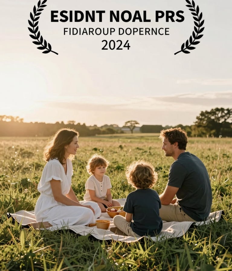 A wide, rectangular cinematic shot of a family picnic in a lush meadow at golden hour. The sun is low, creating a warm, sun-drenched haze. A mother, father, and child are captured in an authentic, unposed moment of interaction. The color palette features white, sand, and deep anthracite accents in the clothing.