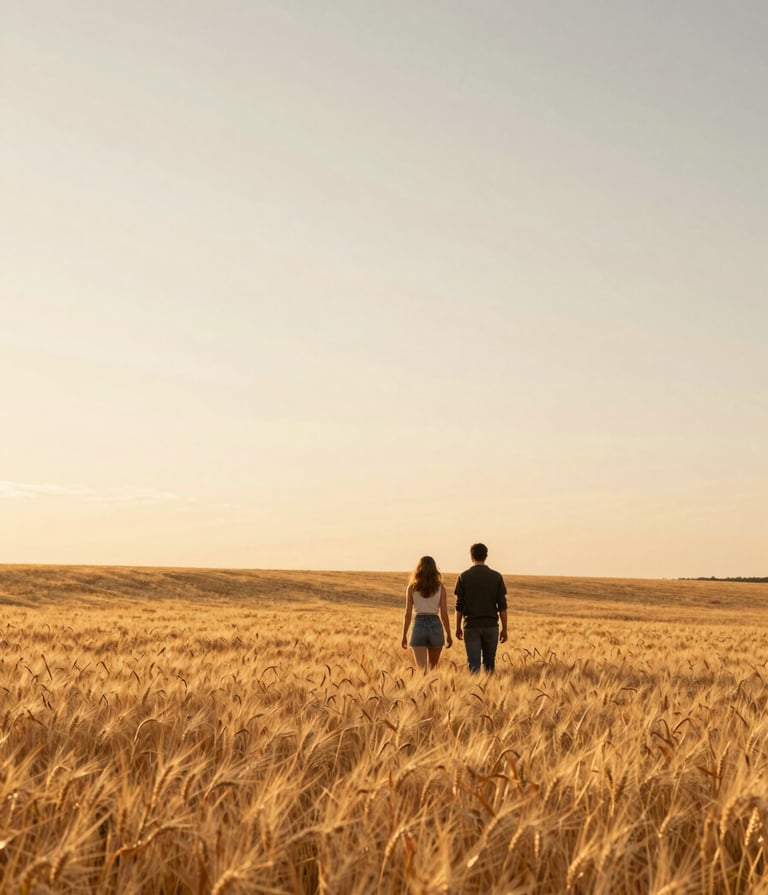 A wide-angle landscape photograph of a couple walking through a golden wheat field during sunset. Warm, natural lighting, minimalist composition, professional photography style. North American / US countryside.
