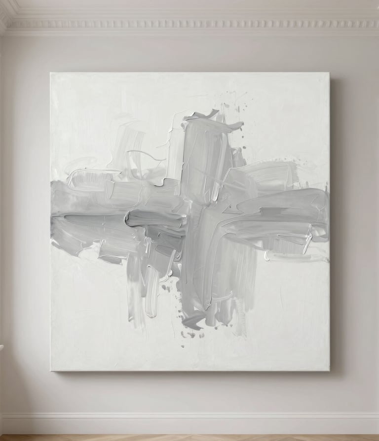 A minimalist oil painting featuring soft, ethereal grey brushstrokes on a clean white background, hanging in a modern French apartment with refined architectural details.